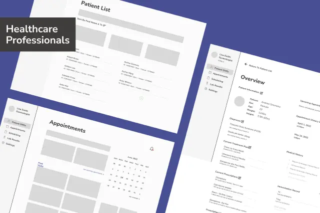 Initial concepts of webapp for healthcare professionals shown through greyscale wireframes, image