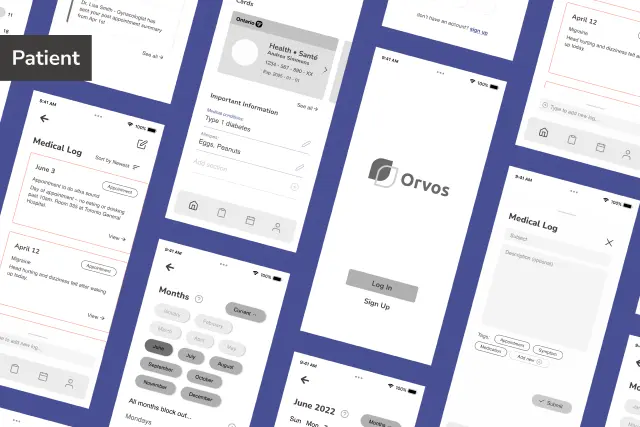 Initial concepts of mobile app for patients shown through greyscale wireframes, image